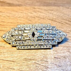Vintage Art Deco Rhinestone Bar Brooch Silver Tone Geometric Pin